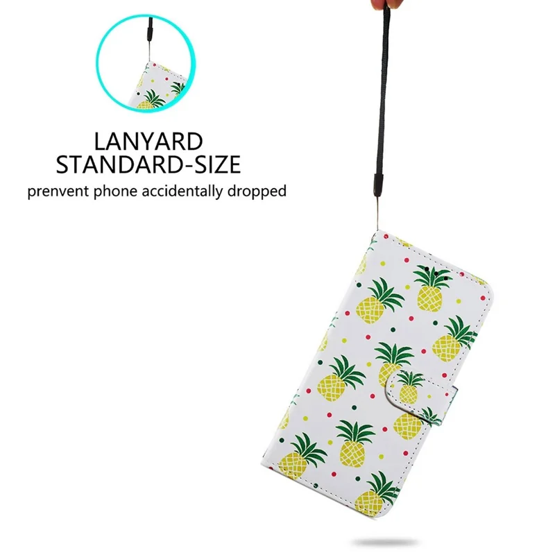 For Samsung Galaxy A13 4G Pattern Printing PU Leather Wallet Horizontal Stand Folio Cover with Wrist Strap - Pineapple