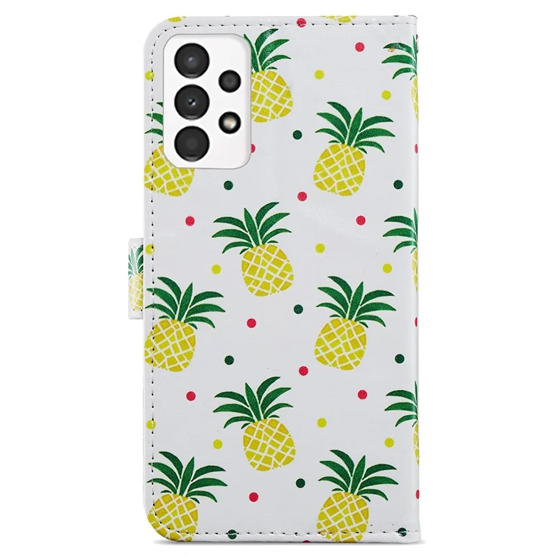For Samsung Galaxy A13 4G Pattern Printing PU Leather Wallet Horizontal Stand Folio Cover with Wrist Strap - Pineapple
