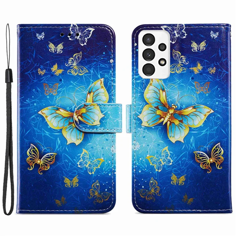 For Samsung Galaxy A13 4G Pattern Printing PU Leather Wallet Horizontal Stand Folio Cover with Wrist Strap - Golden Butterfly