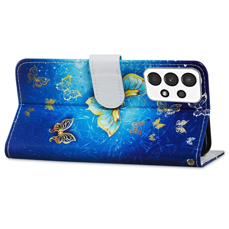 For Samsung Galaxy A13 4G Pattern Printing PU Leather Wallet Horizontal Stand Folio Cover with Wrist Strap - Golden Butterfly
