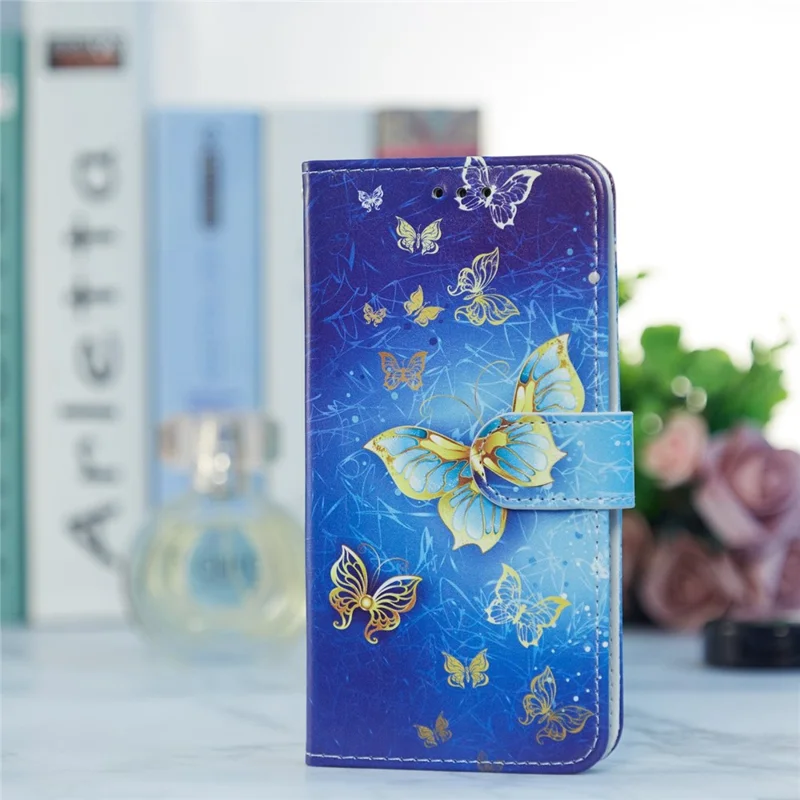 For Samsung Galaxy A13 4G Pattern Printing PU Leather Wallet Horizontal Stand Folio Cover with Wrist Strap - Golden Butterfly