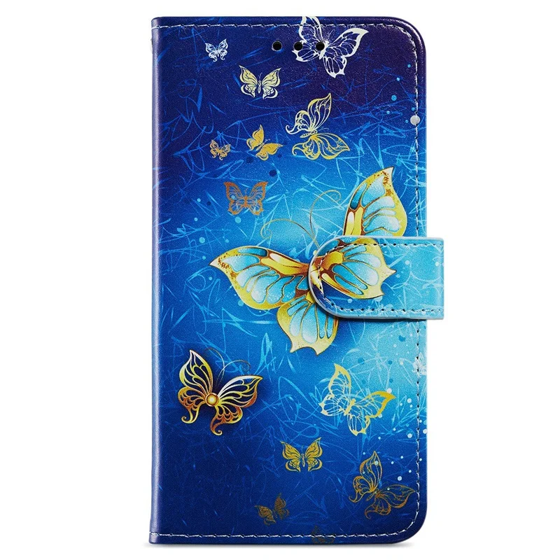 For Samsung Galaxy A13 4G Pattern Printing PU Leather Wallet Horizontal Stand Folio Cover with Wrist Strap - Golden Butterfly