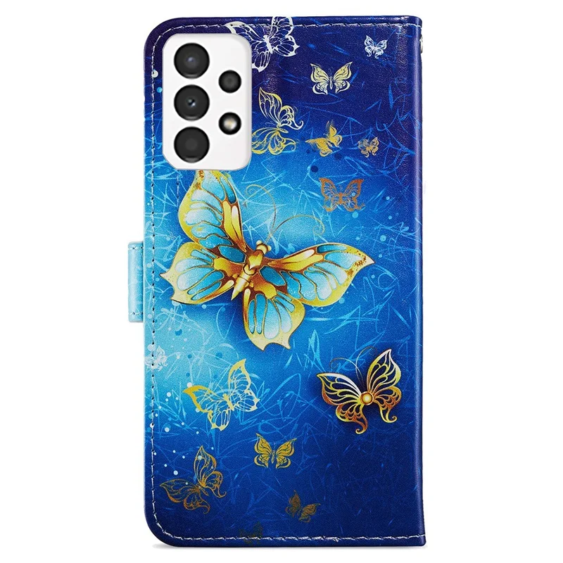 For Samsung Galaxy A13 4G Pattern Printing PU Leather Wallet Horizontal Stand Folio Cover with Wrist Strap - Golden Butterfly