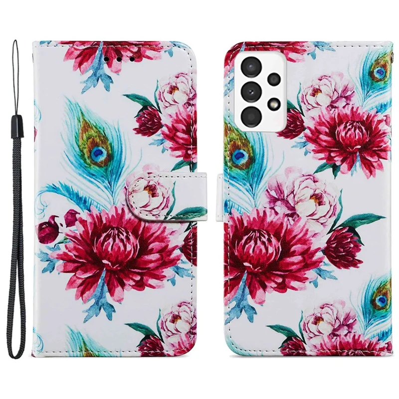 For Samsung Galaxy A13 4G Pattern Printing PU Leather Wallet Horizontal Stand Folio Cover with Wrist Strap - Peacock Flowers