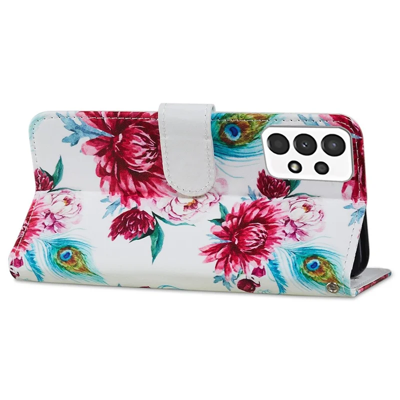 For Samsung Galaxy A13 4G Pattern Printing PU Leather Wallet Horizontal Stand Folio Cover with Wrist Strap - Peacock Flowers