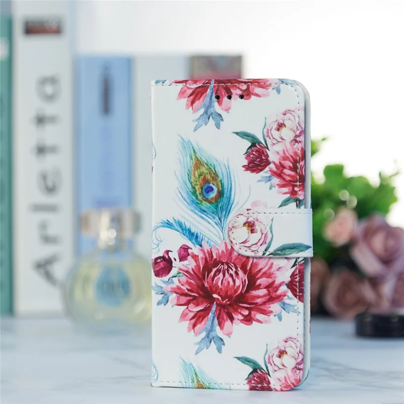 For Samsung Galaxy A13 4G Pattern Printing PU Leather Wallet Horizontal Stand Folio Cover with Wrist Strap - Peacock Flowers