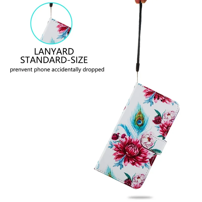 For Samsung Galaxy A13 4G Pattern Printing PU Leather Wallet Horizontal Stand Folio Cover with Wrist Strap - Peacock Flowers