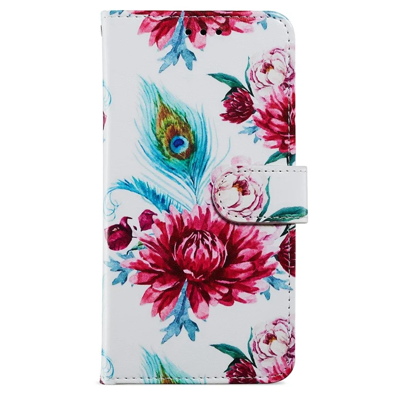 For Samsung Galaxy A13 4G Pattern Printing PU Leather Wallet Horizontal Stand Folio Cover with Wrist Strap - Peacock Flowers