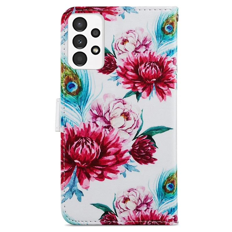 For Samsung Galaxy A13 4G Pattern Printing PU Leather Wallet Horizontal Stand Folio Cover with Wrist Strap - Peacock Flowers