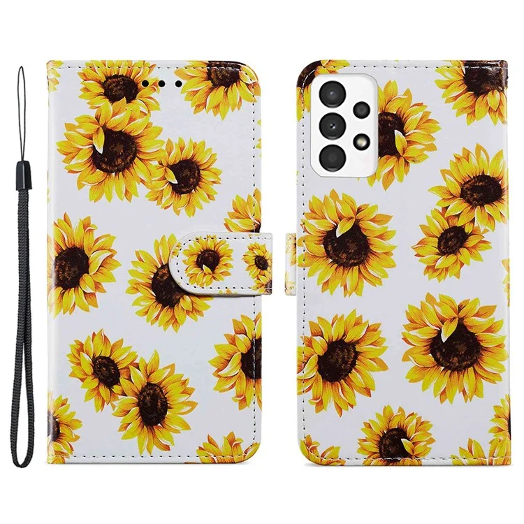 For Samsung Galaxy A13 4G Pattern Printing PU Leather Wallet Horizontal Stand Folio Cover with Wrist Strap - Sunflower