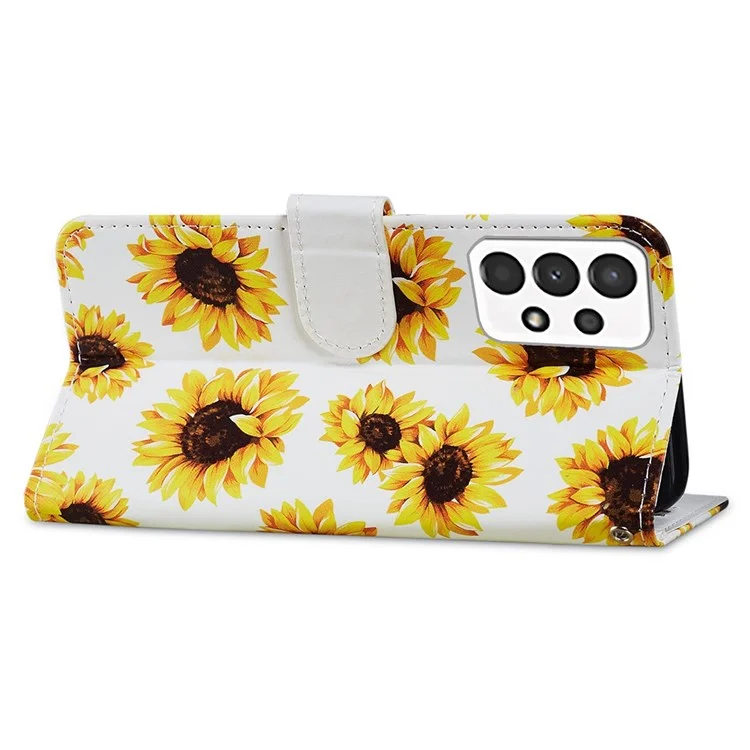 For Samsung Galaxy A13 4G Pattern Printing PU Leather Wallet Horizontal Stand Folio Cover with Wrist Strap - Sunflower