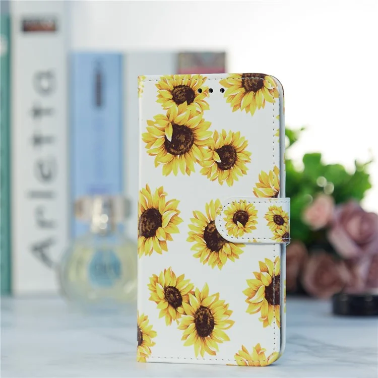 For Samsung Galaxy A13 4G Pattern Printing PU Leather Wallet Horizontal Stand Folio Cover with Wrist Strap - Sunflower