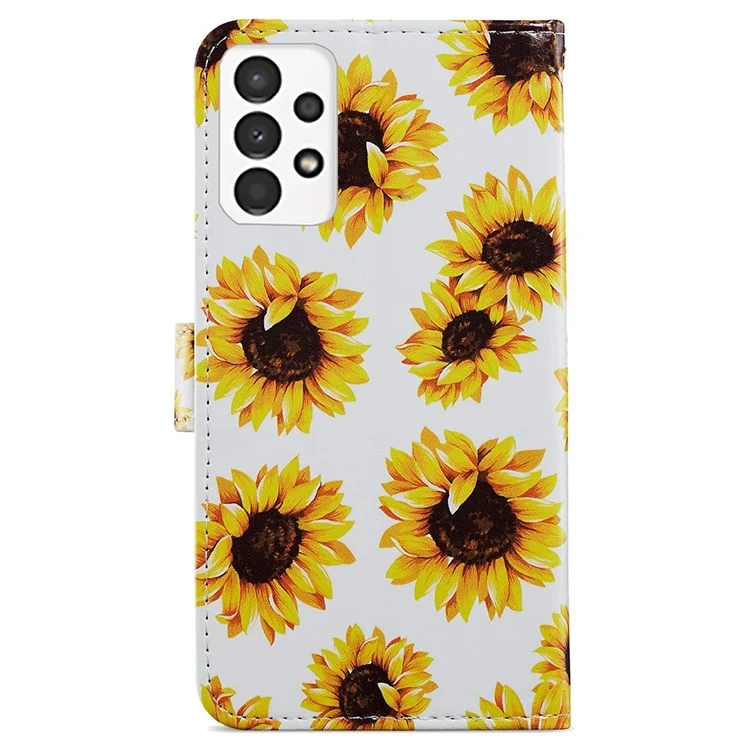 For Samsung Galaxy A13 4G Pattern Printing PU Leather Wallet Horizontal Stand Folio Cover with Wrist Strap - Sunflower