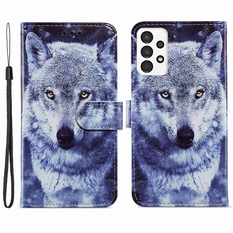 For Samsung Galaxy A13 4G Pattern Printing PU Leather Wallet Horizontal Stand Folio Cover with Wrist Strap - Wolf