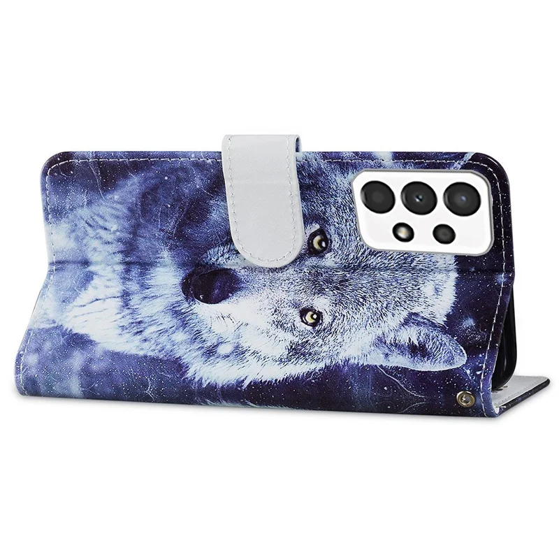 For Samsung Galaxy A13 4G Pattern Printing PU Leather Wallet Horizontal Stand Folio Cover with Wrist Strap - Wolf