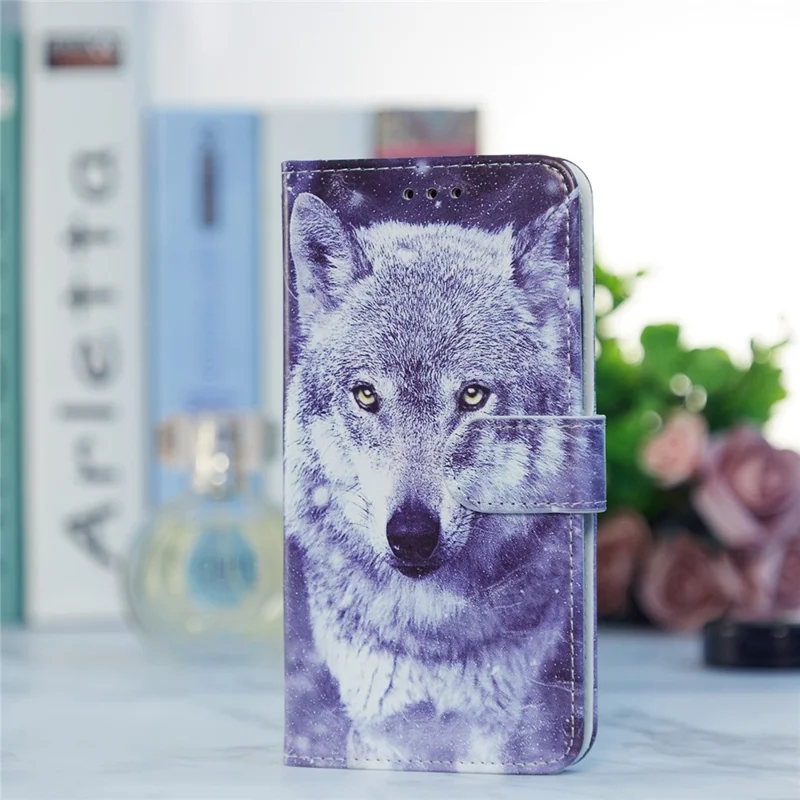 For Samsung Galaxy A13 4G Pattern Printing PU Leather Wallet Horizontal Stand Folio Cover with Wrist Strap - Wolf