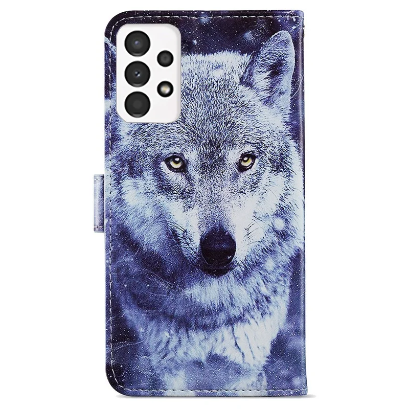 For Samsung Galaxy A13 4G Pattern Printing PU Leather Wallet Horizontal Stand Folio Cover with Wrist Strap - Wolf