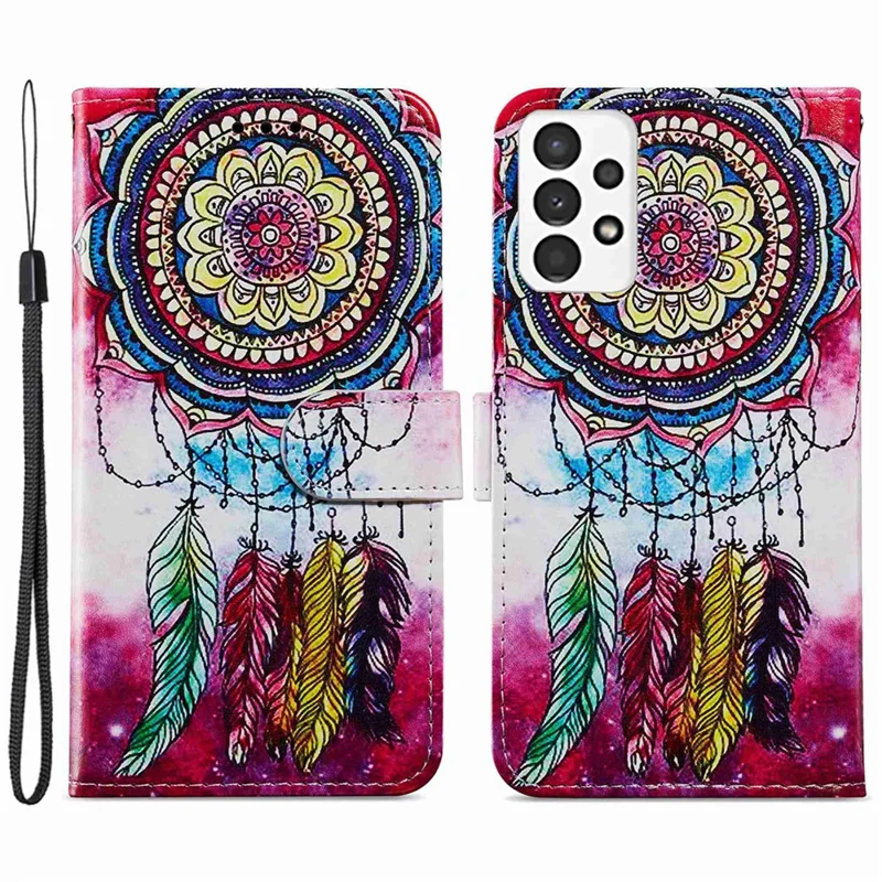 For Samsung Galaxy A13 4G Pattern Printing PU Leather Wallet Horizontal Stand Folio Cover with Wrist Strap - Dream Catcher