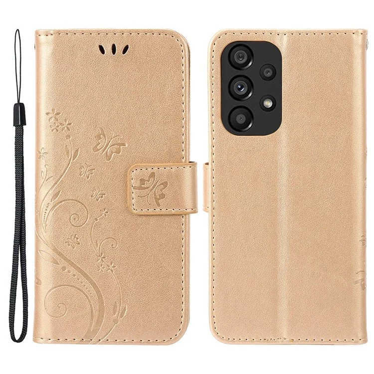 For Samsung Galaxy A53 5G PU Leather Stand Design Phone Case Imprint Butterflies Wallet Shockproof Cover - Gold