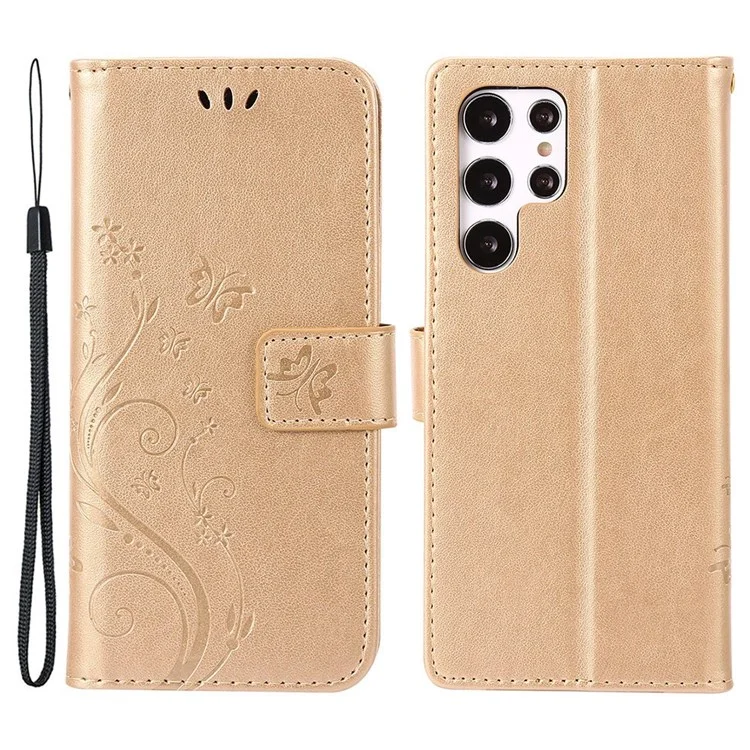 Pour Samsung Galaxy S22 Ultra 5G Stand Design pu Leather Magnetic Phone Case Imprint Butterflies Portefeuille Bobine Avec Sangle - or