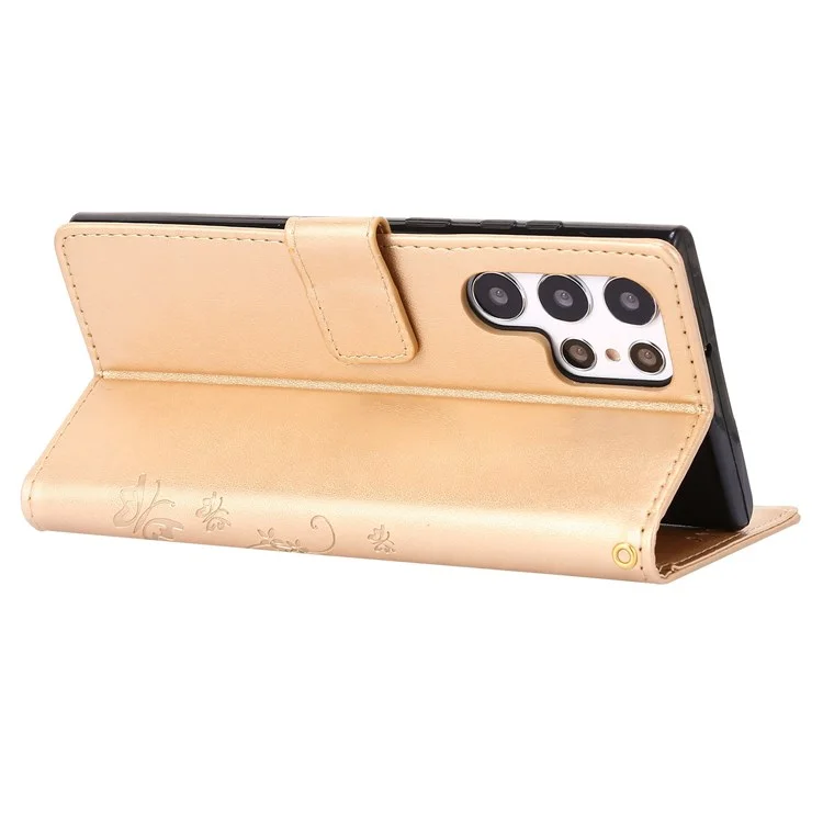 Pour Samsung Galaxy S22 Ultra 5G Stand Design pu Leather Magnetic Phone Case Imprint Butterflies Portefeuille Bobine Avec Sangle - or