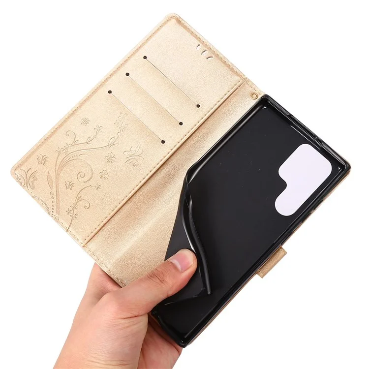 Pour Samsung Galaxy S22 Ultra 5G Stand Design pu Leather Magnetic Phone Case Imprint Butterflies Portefeuille Bobine Avec Sangle - or
