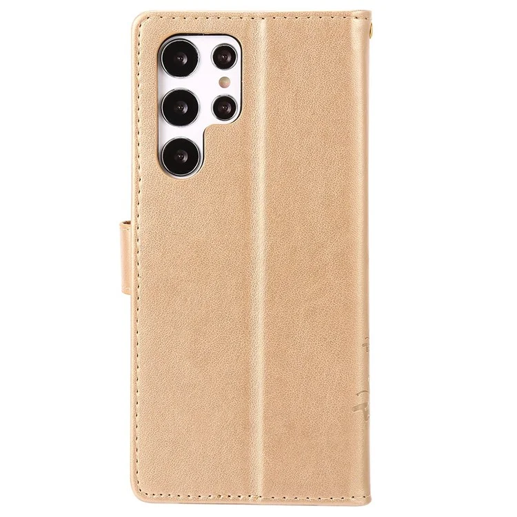 Pour Samsung Galaxy S22 Ultra 5G Stand Design pu Leather Magnetic Phone Case Imprint Butterflies Portefeuille Bobine Avec Sangle - or