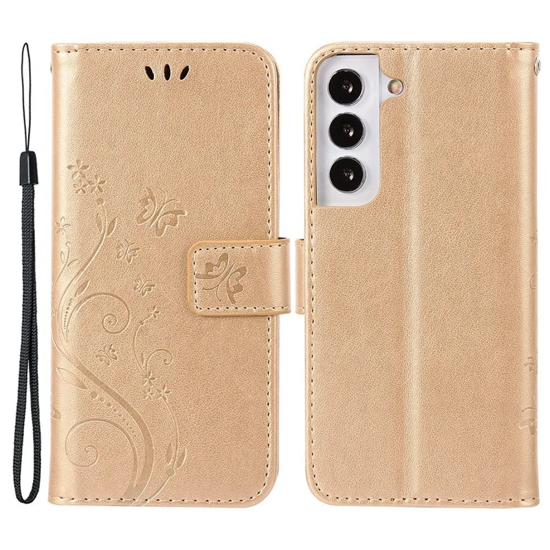 For Samsung Galaxy S22 5G Adjustable Stand Design PU Leather Phone Case Imprint Butterflies Wallet Magnetic Shell - Gold
