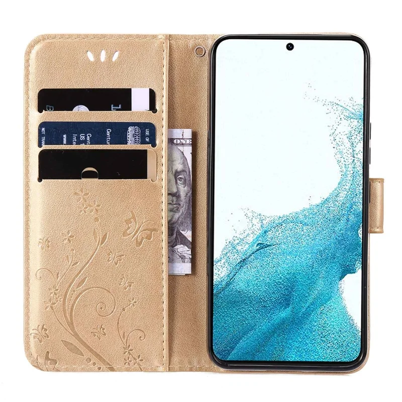 For Samsung Galaxy S22 5G Adjustable Stand Design PU Leather Phone Case Imprint Butterflies Wallet Magnetic Shell - Gold