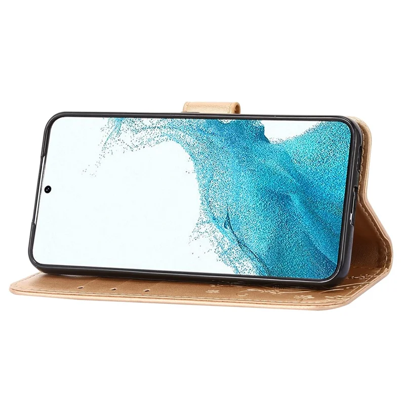 For Samsung Galaxy S22 5G Adjustable Stand Design PU Leather Phone Case Imprint Butterflies Wallet Magnetic Shell - Gold