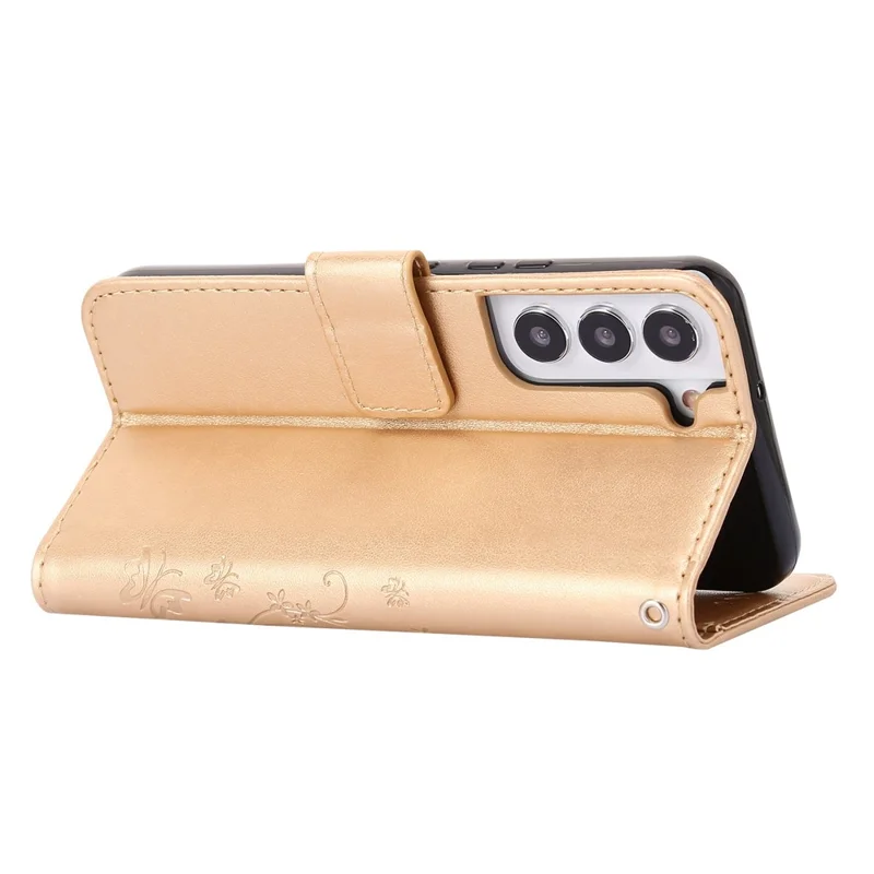 For Samsung Galaxy S22 5G Adjustable Stand Design PU Leather Phone Case Imprint Butterflies Wallet Magnetic Shell - Gold