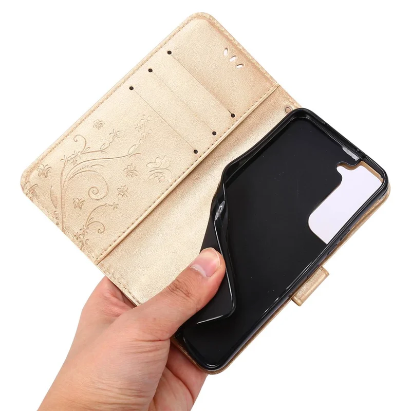 For Samsung Galaxy S22 5G Adjustable Stand Design PU Leather Phone Case Imprint Butterflies Wallet Magnetic Shell - Gold