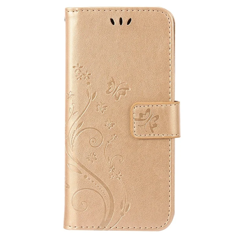For Samsung Galaxy S22 5G Adjustable Stand Design PU Leather Phone Case Imprint Butterflies Wallet Magnetic Shell - Gold