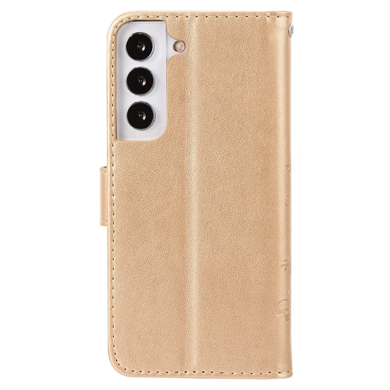 For Samsung Galaxy S22 5G Adjustable Stand Design PU Leather Phone Case Imprint Butterflies Wallet Magnetic Shell - Gold