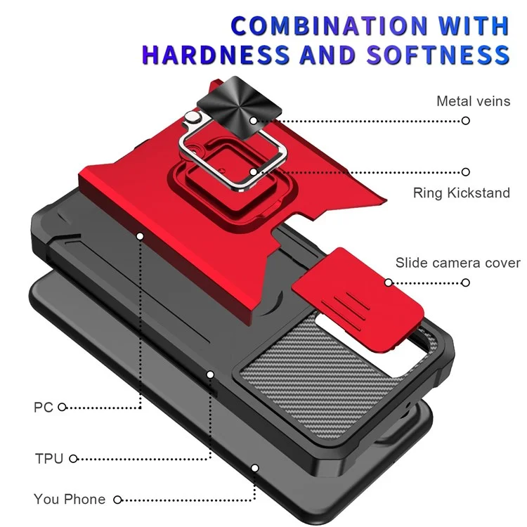 Para Samsung Galaxy A23 4G (165.4 x 76.9 x 8.4 Mm) PC + TPU Camera Slider Case de Teléfono Con Tarjeta Anti-drop Bien Protegida + Shell de Diseño de Patada de Metal - Azul Marino
