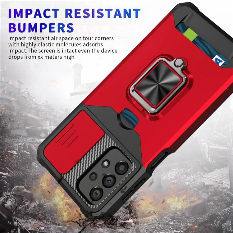 Para Samsung Galaxy A23 4G (165.4 x 76.9 x 8.4 Mm) PC + TPU Camera Slider Case de Teléfono Con Tarjeta Anti-drop Bien Protegida + Shell de Diseño de Patada de Metal - Azul Marino