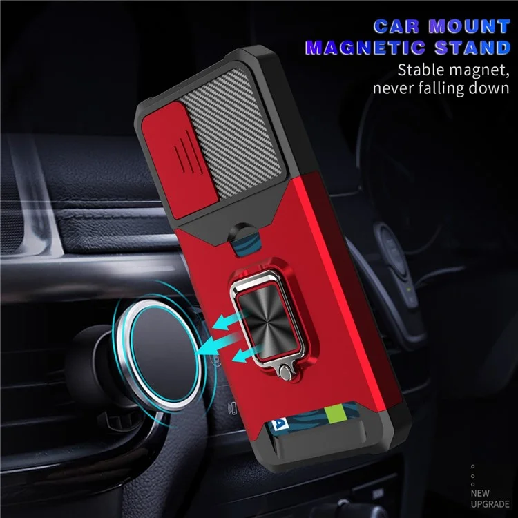 For Samsung Galaxy A23 4G / 5G (Global Version) PC + TPU Camera Slider Phone Case Well-protected Anti-drop Card Slot + Metal Kickstand Design Shell - Black