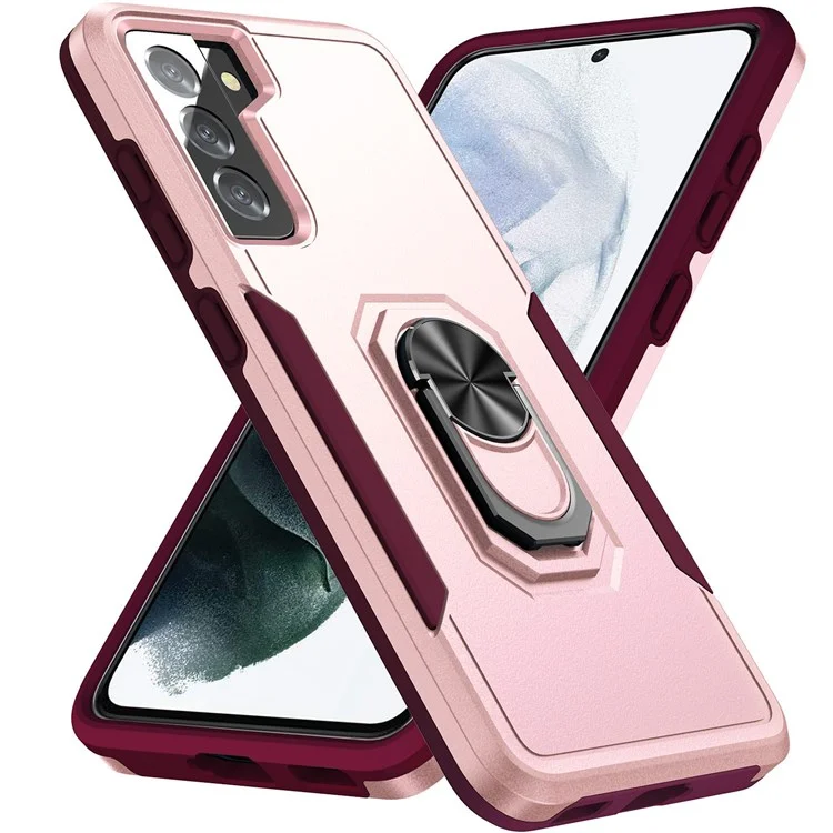 Defender Series Cellphone Case for Samsung Galaxy S21 4G/5G, PC + TPU Combo Phone Cover Back Protector with Rotary Ring Kickstand - Pink/Rose