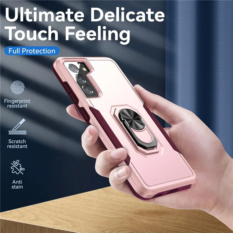Defender Series Cellphone Case for Samsung Galaxy S21 4G/5G, PC + TPU Combo Phone Cover Back Protector with Rotary Ring Kickstand - Pink/Rose