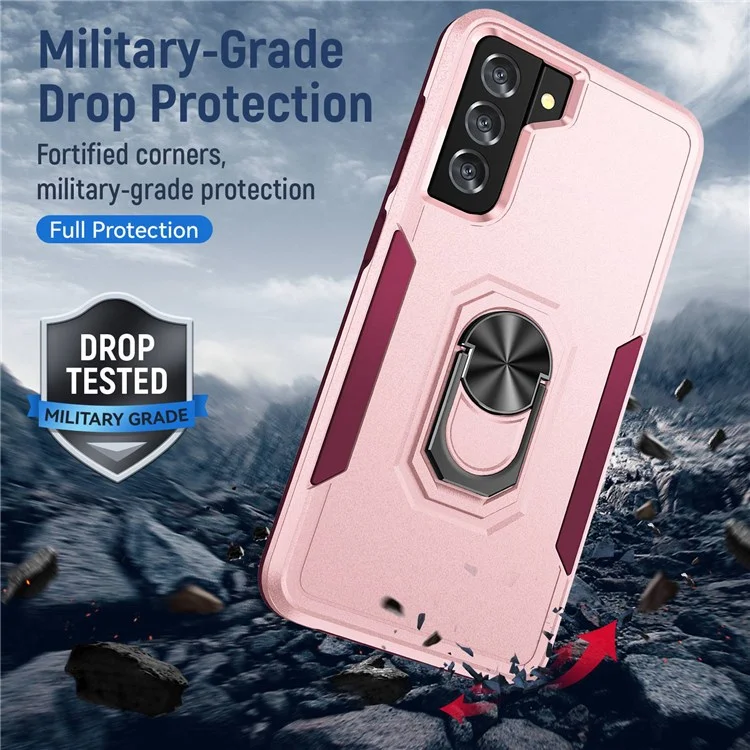 Defender Series Cellphone Case for Samsung Galaxy S21 4G/5G, PC + TPU Combo Phone Cover Back Protector with Rotary Ring Kickstand - Pink/Rose