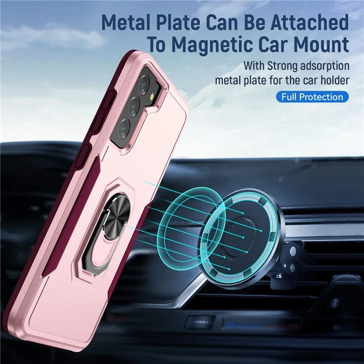 Defender Series Cellphone Case for Samsung Galaxy S21 4G/5G, PC + TPU Combo Phone Cover Back Protector with Rotary Ring Kickstand - Pink/Rose