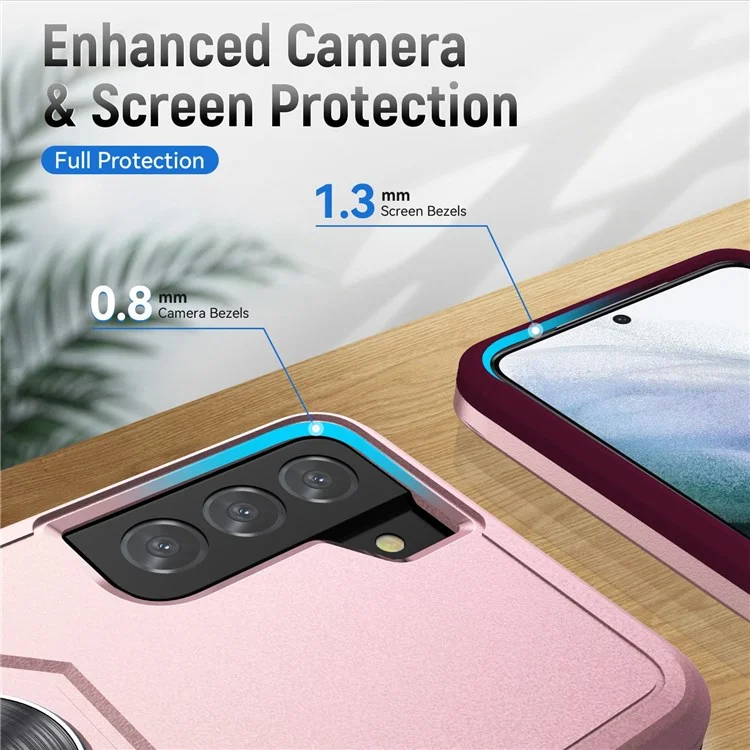 Defender Series Cellphone Case for Samsung Galaxy S21 4G/5G, PC + TPU Combo Phone Cover Back Protector with Rotary Ring Kickstand - Pink/Rose