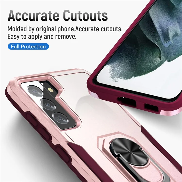 Defender Series Cellphone Case for Samsung Galaxy S21 4G/5G, PC + TPU Combo Phone Cover Back Protector with Rotary Ring Kickstand - Pink/Rose