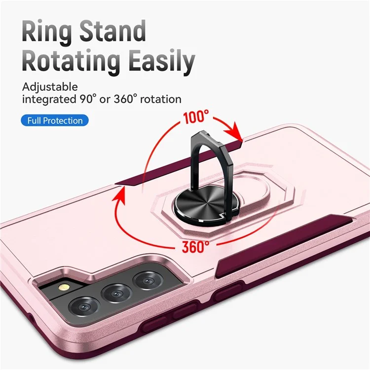 Defender Series Cellphone Case for Samsung Galaxy S21 4G/5G, PC + TPU Combo Phone Cover Back Protector with Rotary Ring Kickstand - Pink/Rose
