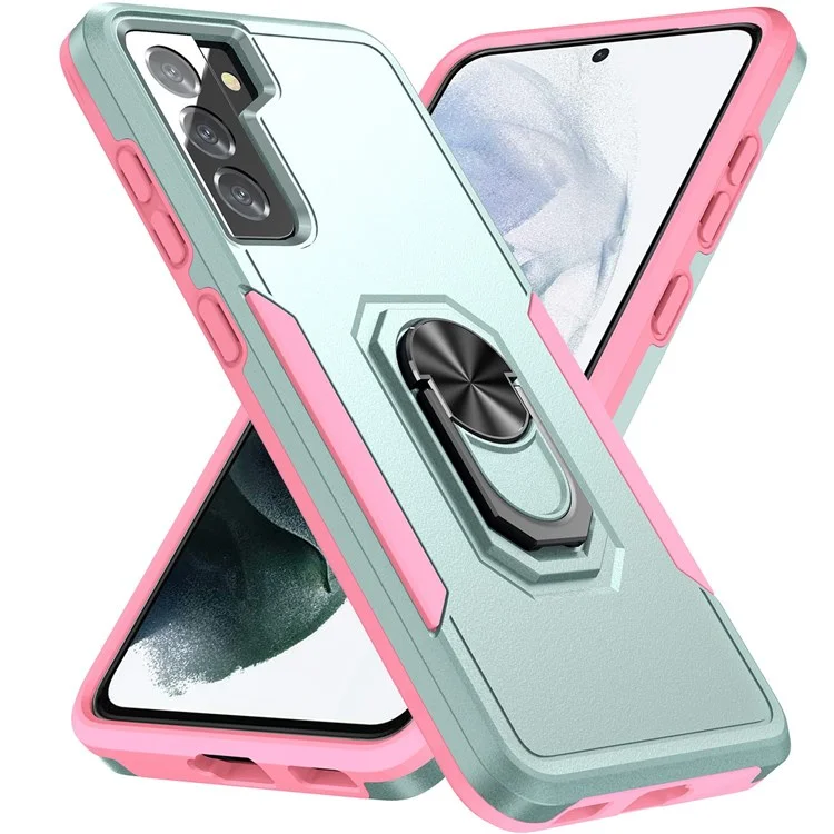 Defender Series Cellphone Case for Samsung Galaxy S21 FE 5G, PC + TPU Combo Phone Cover with Rotary Ring Kickstand - Green/Pink
