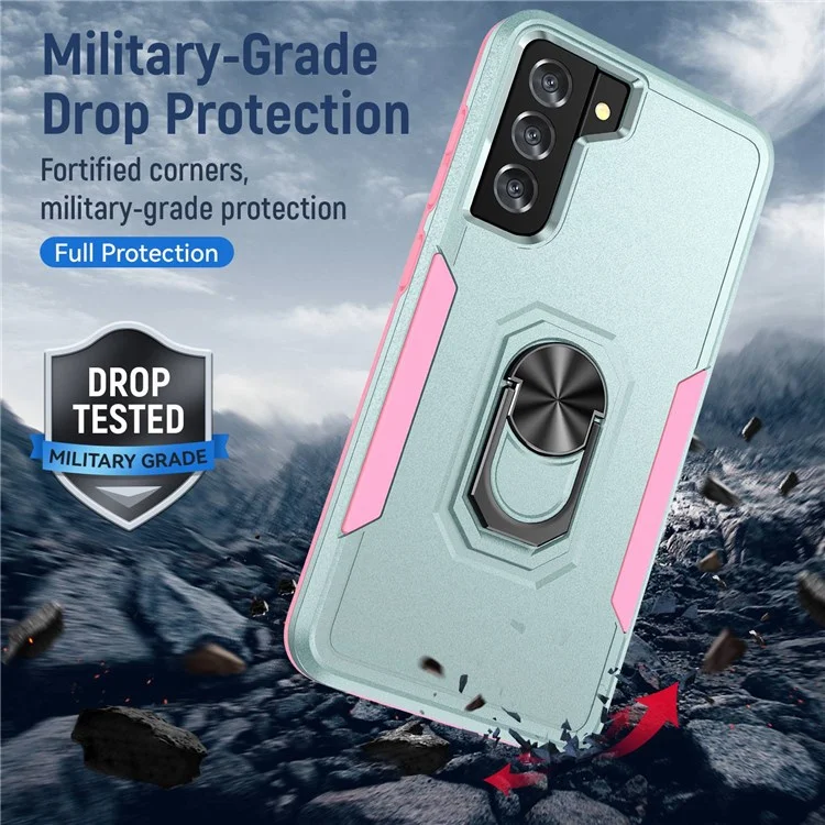 Defender Series Cellphone Case for Samsung Galaxy S21 FE 5G, PC + TPU Combo Phone Cover with Rotary Ring Kickstand - Green/Pink