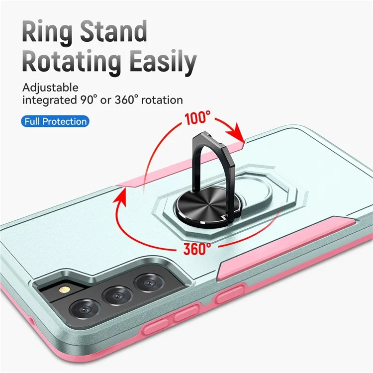 Defender Series Cellphone Case for Samsung Galaxy S21 FE 5G, PC + TPU Combo Phone Cover with Rotary Ring Kickstand - Green/Pink