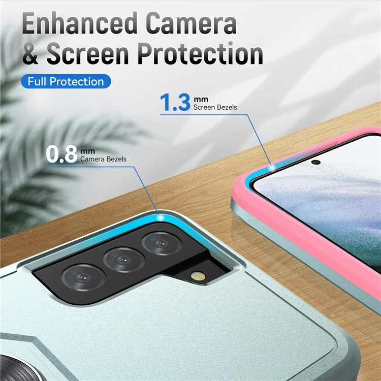 Defender Series Cellphone Case for Samsung Galaxy S21 FE 5G, PC + TPU Combo Phone Cover with Rotary Ring Kickstand - Green/Pink