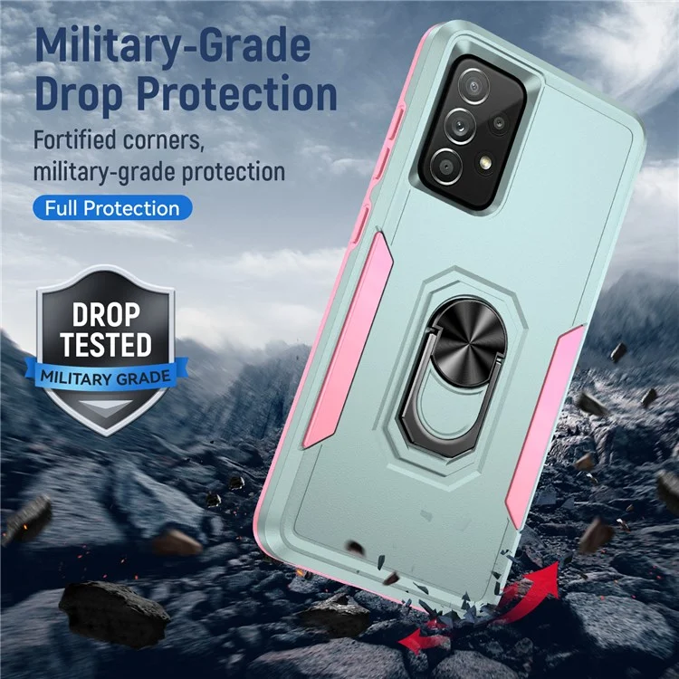 Para Samsung Galaxy A72 4G/5G Defender Series à Prova de Choque PC + TPU Tampa de Telefone Rotativo Ring Kickstand Caso - Verde/rosa