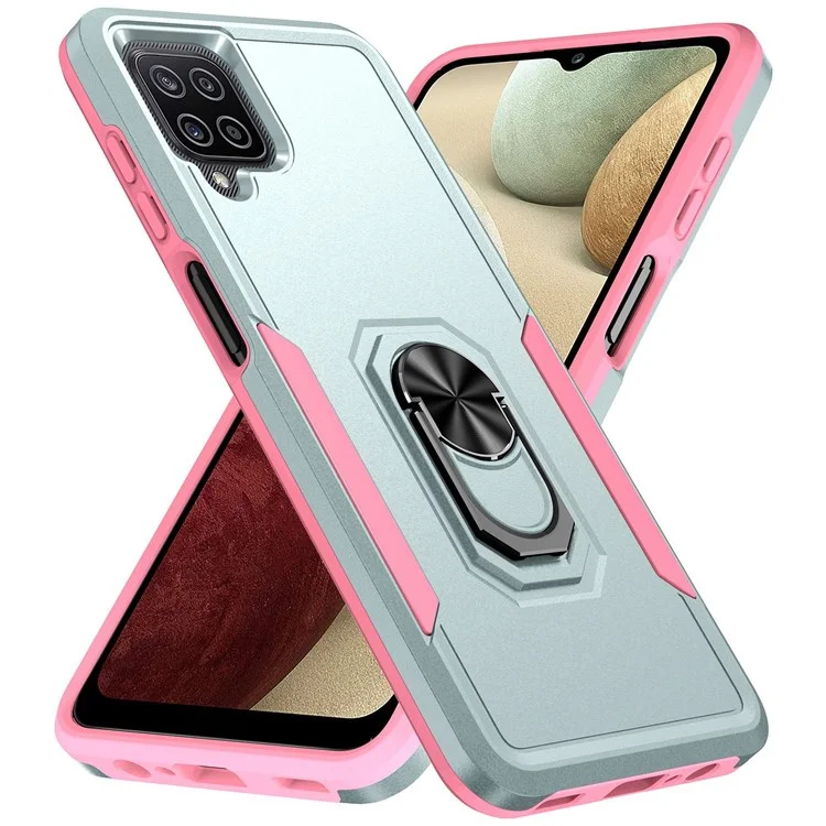 Per Samsung Galaxy A12 Defender Series PC + TPU Hybrid Phone Cover Rotary Ring Kickstand Cellphone Case - Verde/Rosa